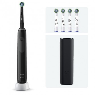 Набор электрическая зубная щетка Oral-B Pro 3 черная, насадки Cross Action 4 шт с наклейками