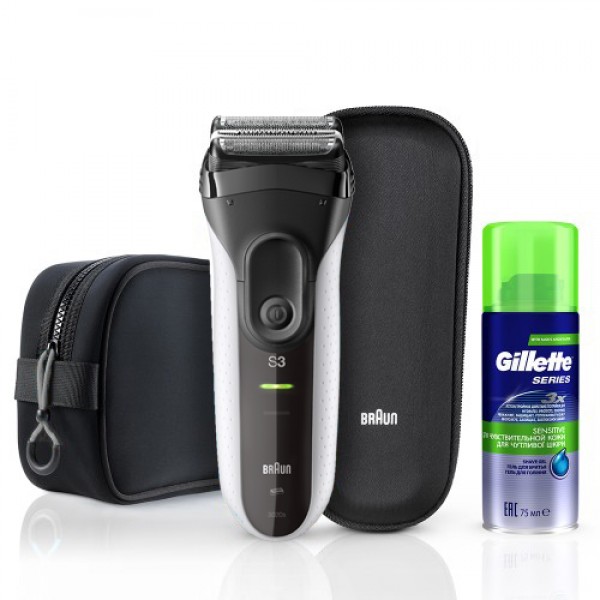 

Электробритва Braun Series 3 ProSkin 3040ts White + гель Gillette + футляр + несессер