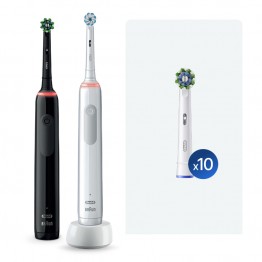 Набор электрических зубных щеток Oral-B Pro 3 Black and White (2 шт) + Насадки Oral-B CrossAction (10 шт)