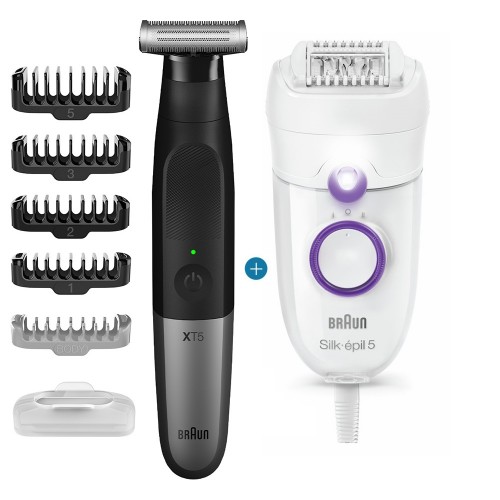 Набор: Триммер электрический Braun OneTool XT5100 черный/серебристый + Эпилятор Braun Silk-epil 5 Series 5-505P White Purple