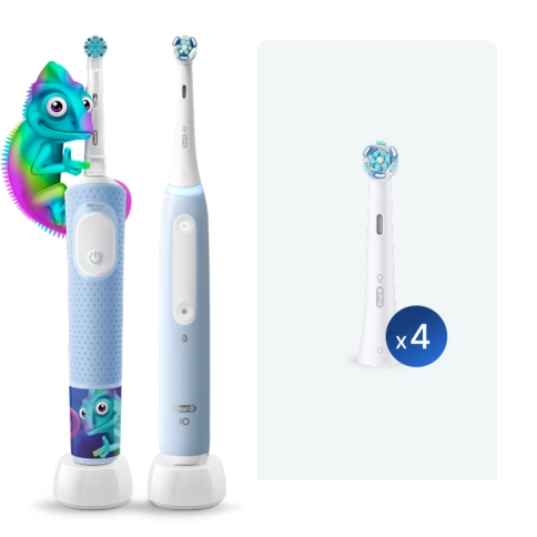 Набор электрических зубных щеток Oral-B Vitality Kids Хамелеон + Oral-B iO 3 Ice Blue + Насадка Ultimate Clean (4 шт) 0 Набор электрических зубных щеток Oral-B Vitality Kids Хамелеон + Oral-B iO 3 Ice Blue + Насадка Ultimate Clean (4 шт) 0