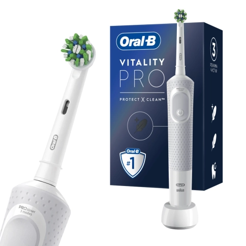 Электрическая зубная щетка Oral-B Vitality Pro D103.413.3 Cross Action Protect X Clean, белый + Насадки Oral-B CrossAction EB50RB-4, 4 шт 1