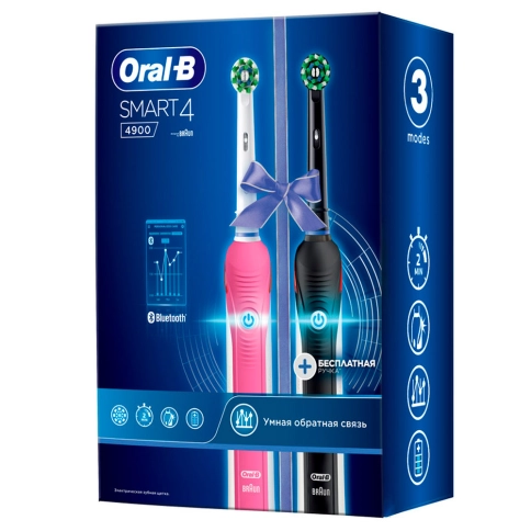 Набор электрических зубных щеток Oral-B Smart 4 4900 DUO черная и розовая (2 шт) 15 Набор электрических зубных щеток Oral-B Smart 4 4900 DUO черная и розовая (2 шт) 15