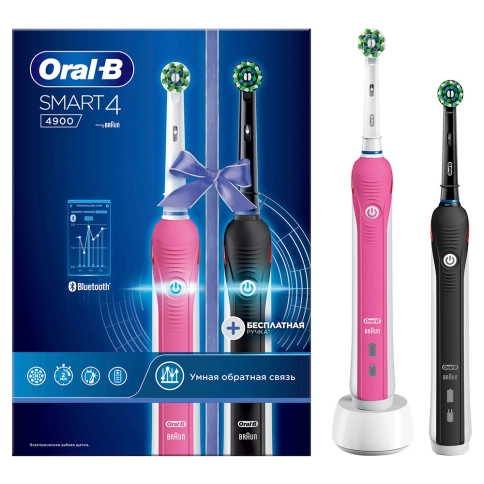 Набор электрических зубных щеток Oral-B Smart 4 4900 DUO черная и розовая (2 шт) 3 Набор электрических зубных щеток Oral-B Smart 4 4900 DUO черная и розовая (2 шт) 3