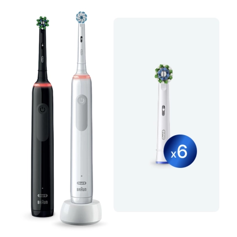 Набор электрических зубных щеток Oral-B Pro 3 Black and White (2 шт) + Насадки для эффективной чистки Oral-B CrossAction (6 шт) 0