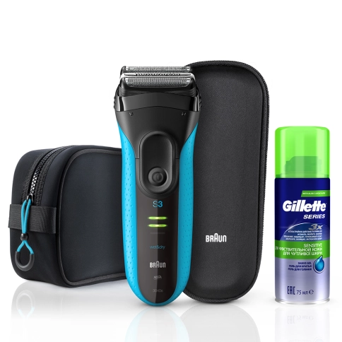 Электробритва Braun Series 3 ProSkin 3040ts Blue + гель Gillette + футляр + нессесер 0