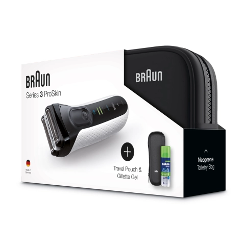 Электробритва Braun Series 3 ProSkin 3040ts White + гель Gillette + футляр + несессер 4