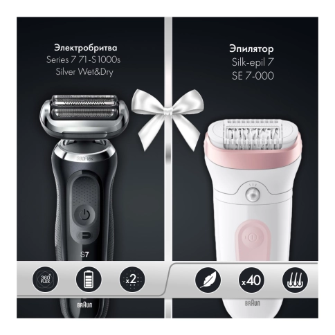 Набор: Электробритва Braun Series 7 71-S1000s Silver Wet&Dry 360° + Эпилятор Braun Silk-epil 7 SE 7-000 7