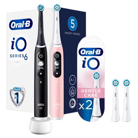 Набор электрических зубных щеток Oral-B iO 6 DUO черная и розовая (2 шт) с насадкой Oral-B Gentle Care для бережной чистки (2шт) 0 Набор электрических зубных щеток Oral-B iO 6 DUO черная и розовая (2 шт) с насадкой Oral-B Gentle Care для бережной чистки (2шт) 0