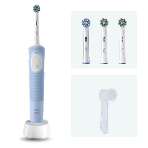Электрическая зубная щетка Vitality Pro голубая, насадка Cross Action 2 шт, насадка Sensitive Plus, колпачок на насадку 0