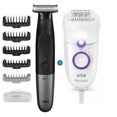 Набор: Триммер электрический Braun OneTool XT5100 черный/серебристый + Эпилятор Braun Silk-epil 5 Series 5-505P White Purple 0