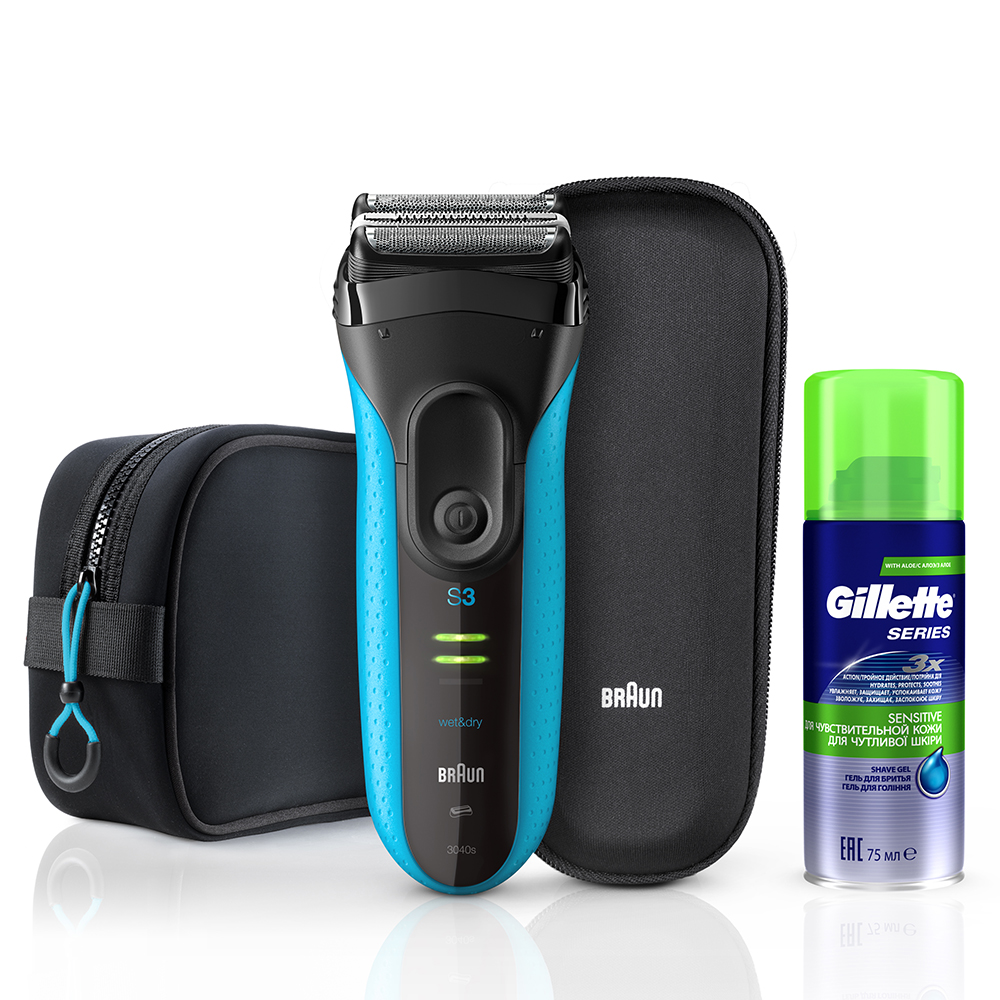 

Электробритва Braun Series 3 ProSkin 3040ts Blue + гель Gillette + футляр + несессер