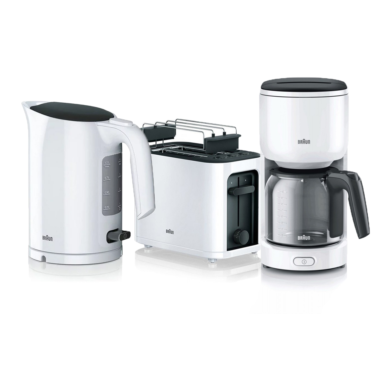 

Набор Braun PurEase: Чайник WK3000WH + Тостер HT3010WH + Капельная кофеварка KF3120WH Белый